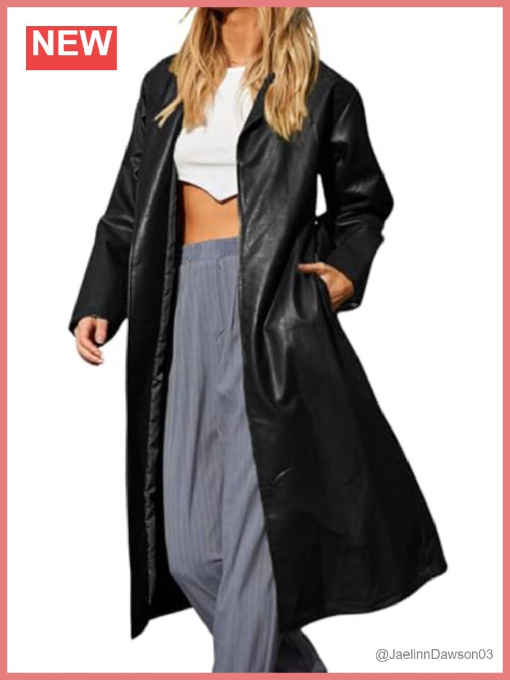 PU Faux Leather Trench Coat Button Down Notch Collar Slim Fit Long Sleeve